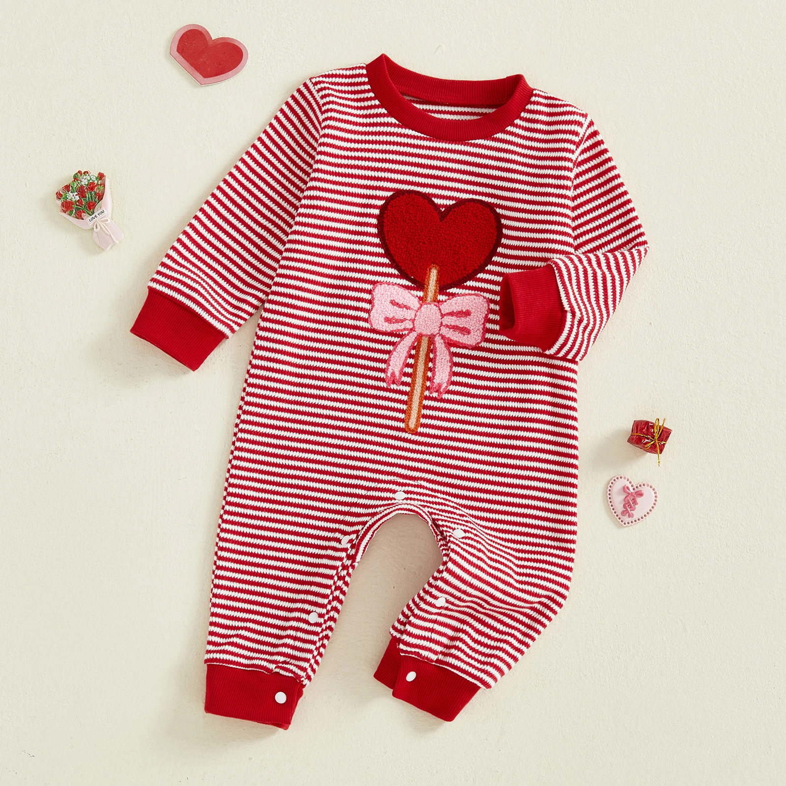 

Baby Girl Valentines Day Romper Heart Lollipop Embroidery Round Neck Long Sleeve Stripe Bodysuits