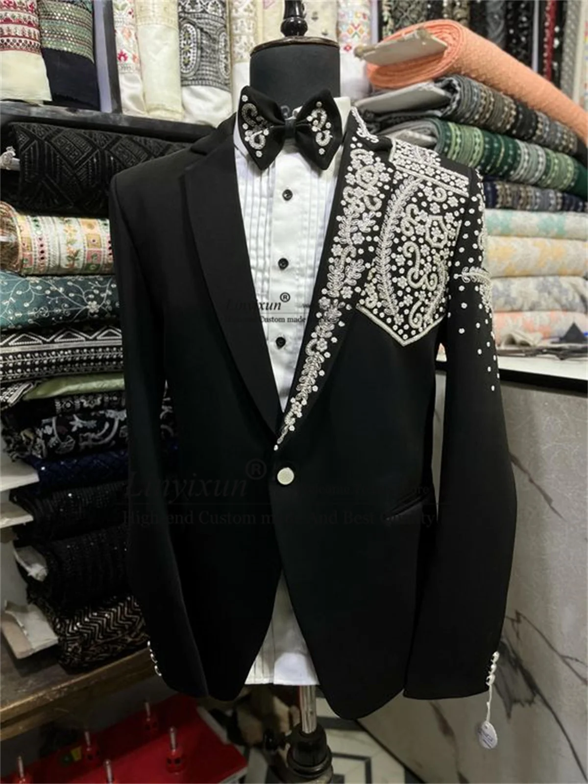 Men\'s Black Beads Embroidery Suits Notched Lapel Wedding Stylish Tuxedos 2 Pieces Sets Male Prom Blazers Groom Costume Homme