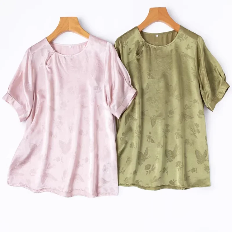 Birdtree, 100% Real Silk Tshirt, O-neck Lantern Sleeve Tops, Women Jacquard Satin Shirt, Chinese Style, 2026 Spring New T63927JF