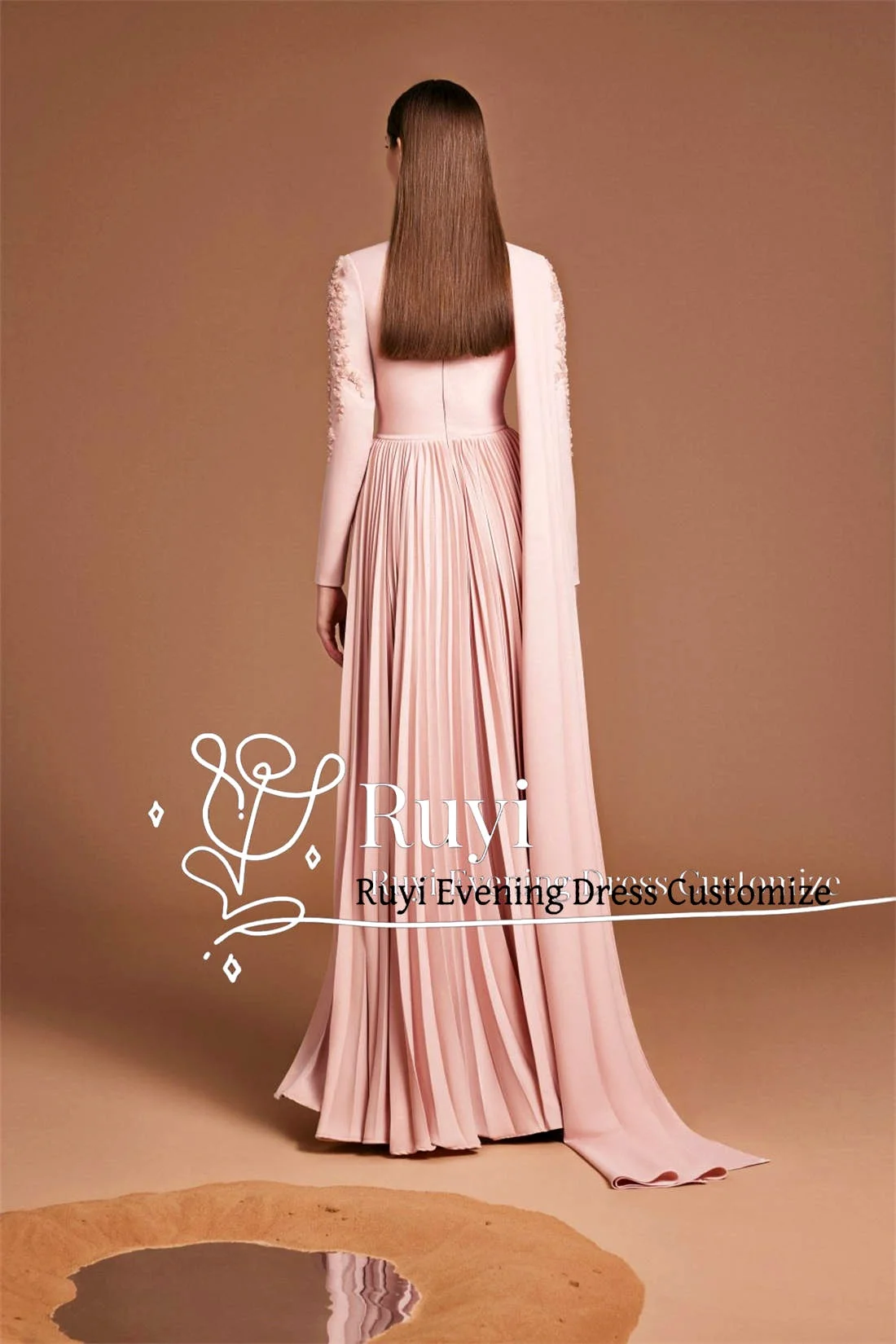 Customized Pink Long Sleeves Floral Applique Prom Dresses For Special Occasion Buttons Pleated A-line Elegant Evening Dress