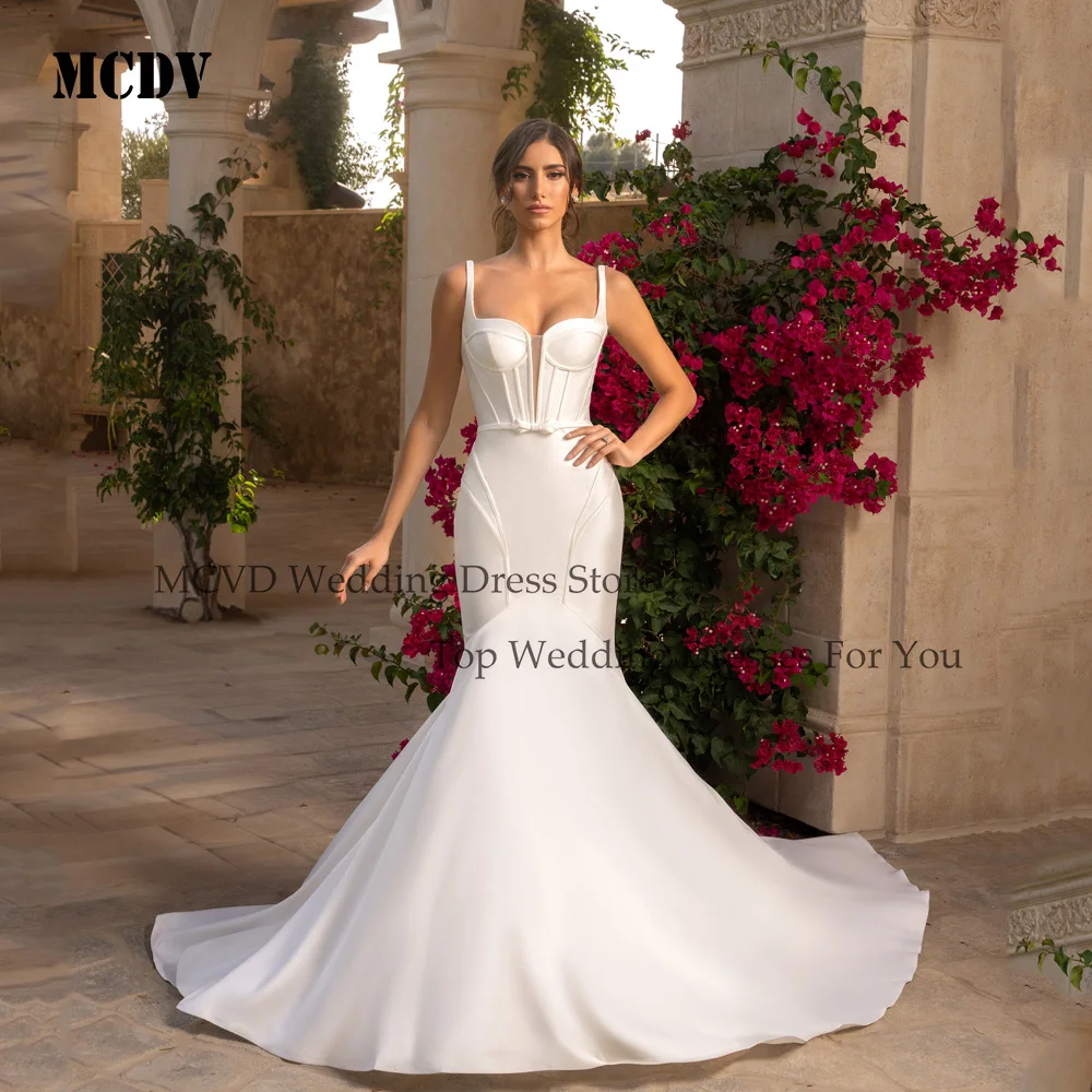 

MCDV Pleat Sexy Mermaid Wedding Dress 2025 V-Neck Open Back Spaghetti Straps Satin Bridal Gown Vestidos De Novia Customized