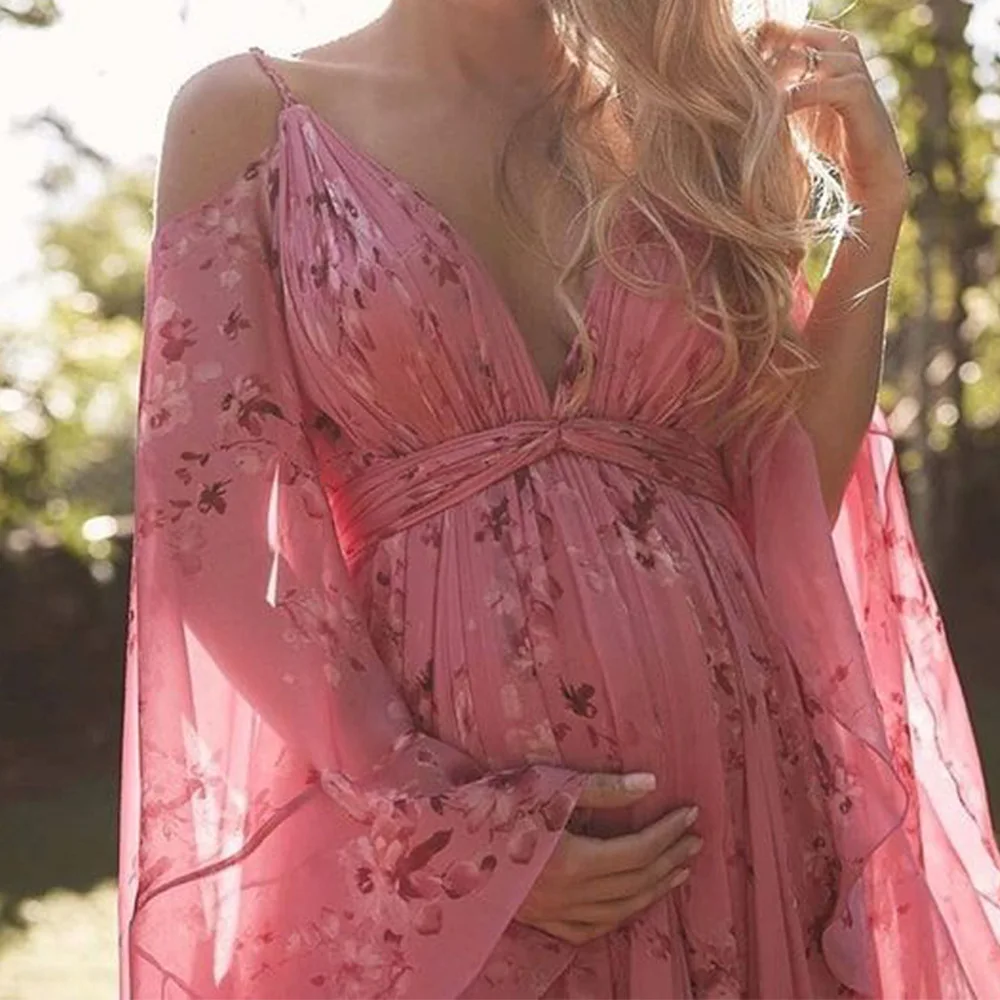 

Spring Summer Autumn Hot Selling New Sweet V-neck Robe Floral Pink Photography Maxi Dress Pregnant Women Clothes Big Size Dress