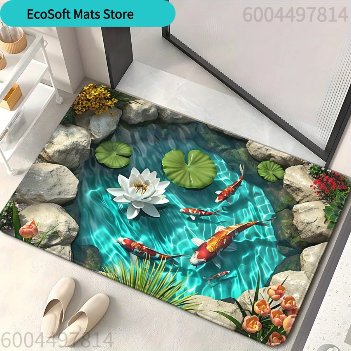 1pc Illusion Pond for Lotus Door Mat - Vibrant Koi Fish & for Lotus Pond Design, 100% Microfiber Absorbent Machine Washable In