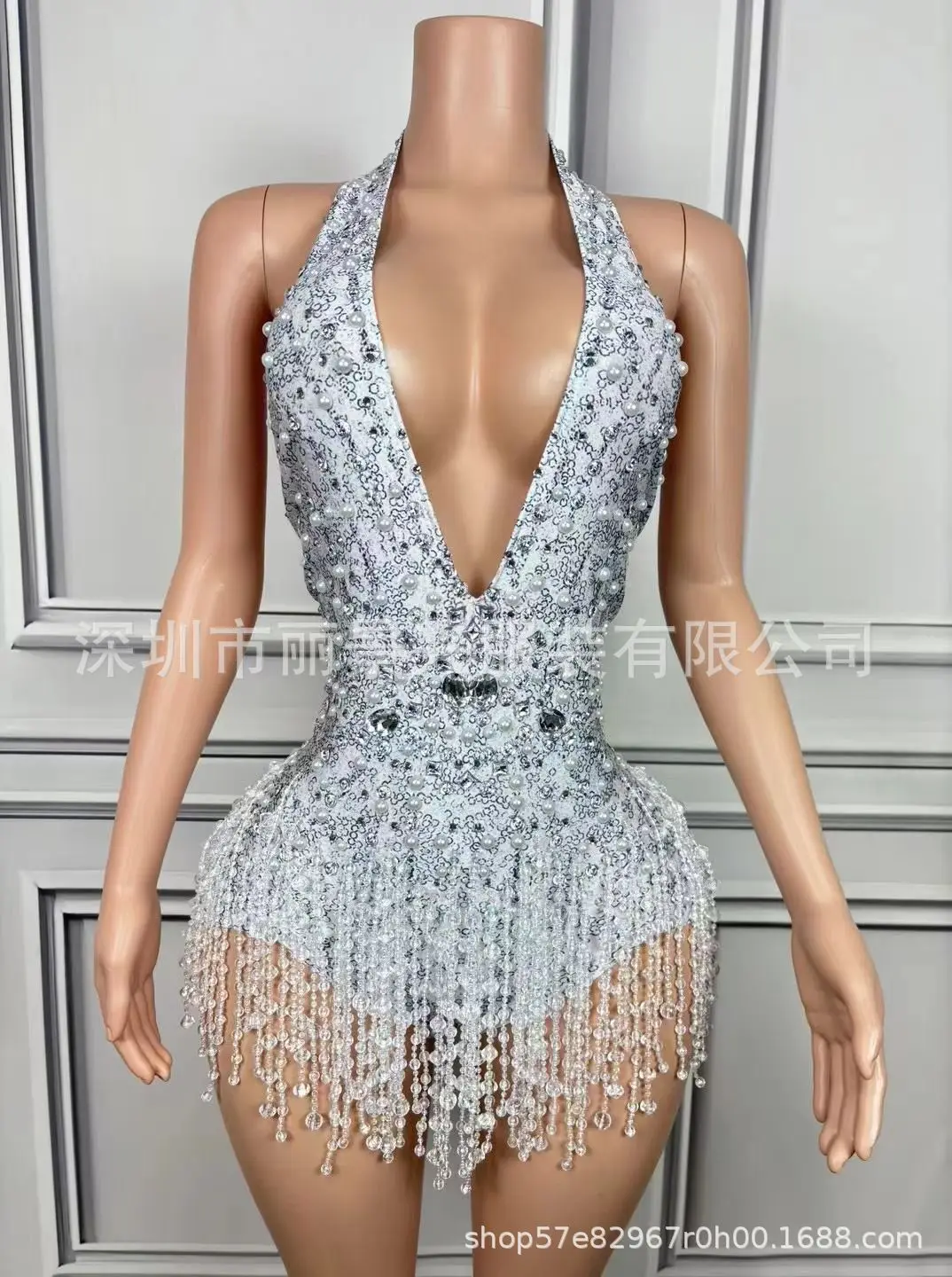 

Tassel Pearl Neckline Slim Fit Short Skirt Banquet Ball Performance Dress Company Annual Meeting Female Singer Host Costume