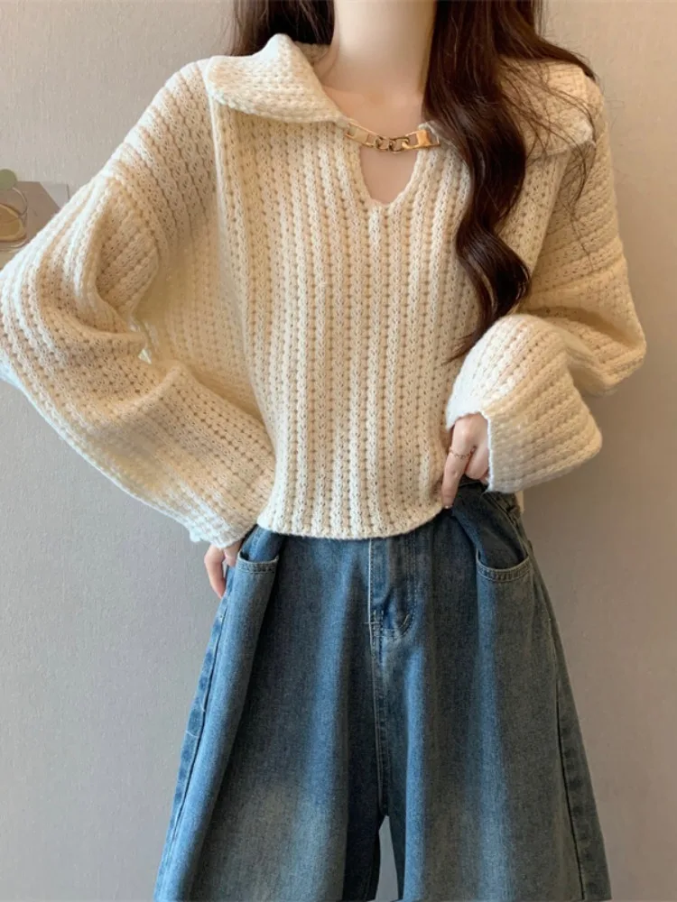 

Шикарный вязаный свитер для женщин, ранняя осень, корейский дизайн с воротником, длинный све, трикотаж, базовый топ, теплый термобелье