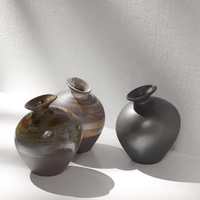 

Vintage Dark Vase Worn-Out Art Flower Arrangement Simple Morden Creative Flower Pot Living Room Low Can Exquisite Decoration