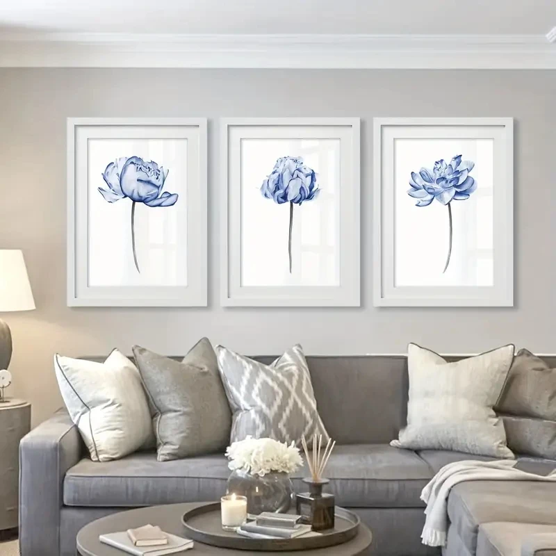 3pcs/Set Abstract Blue Peony Blue Flower Canvas Poster Wall Art Bohemian Minimalist Livingroom Home