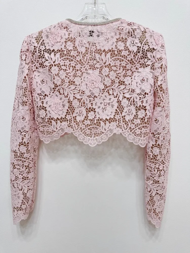 Lace Blouse Shirt 2025 Spring Autumn Fashion Women Allover Crochet Lace Embroidery Beading Deco Long Sleeve Sweet Pink Crop Tops