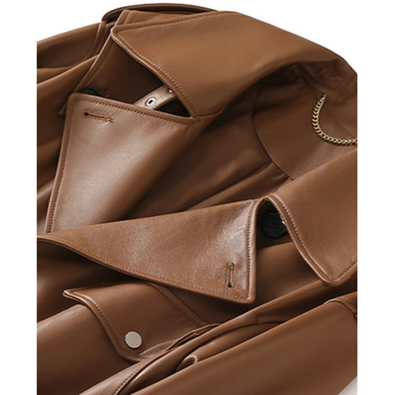 レザージャケット トレンチコート 女性用 欧米風 大きな襟 ルーズ シープスキン ラグラン袖 レースアップ ロングオーバーコート 女性用