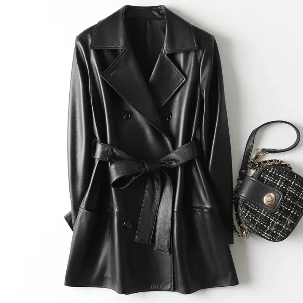 

Новое пальто-тренч средней длины из натуральной кожи, шикарное женское двубортное пальто с завязками и поясом, блейзер из овечьей кожи