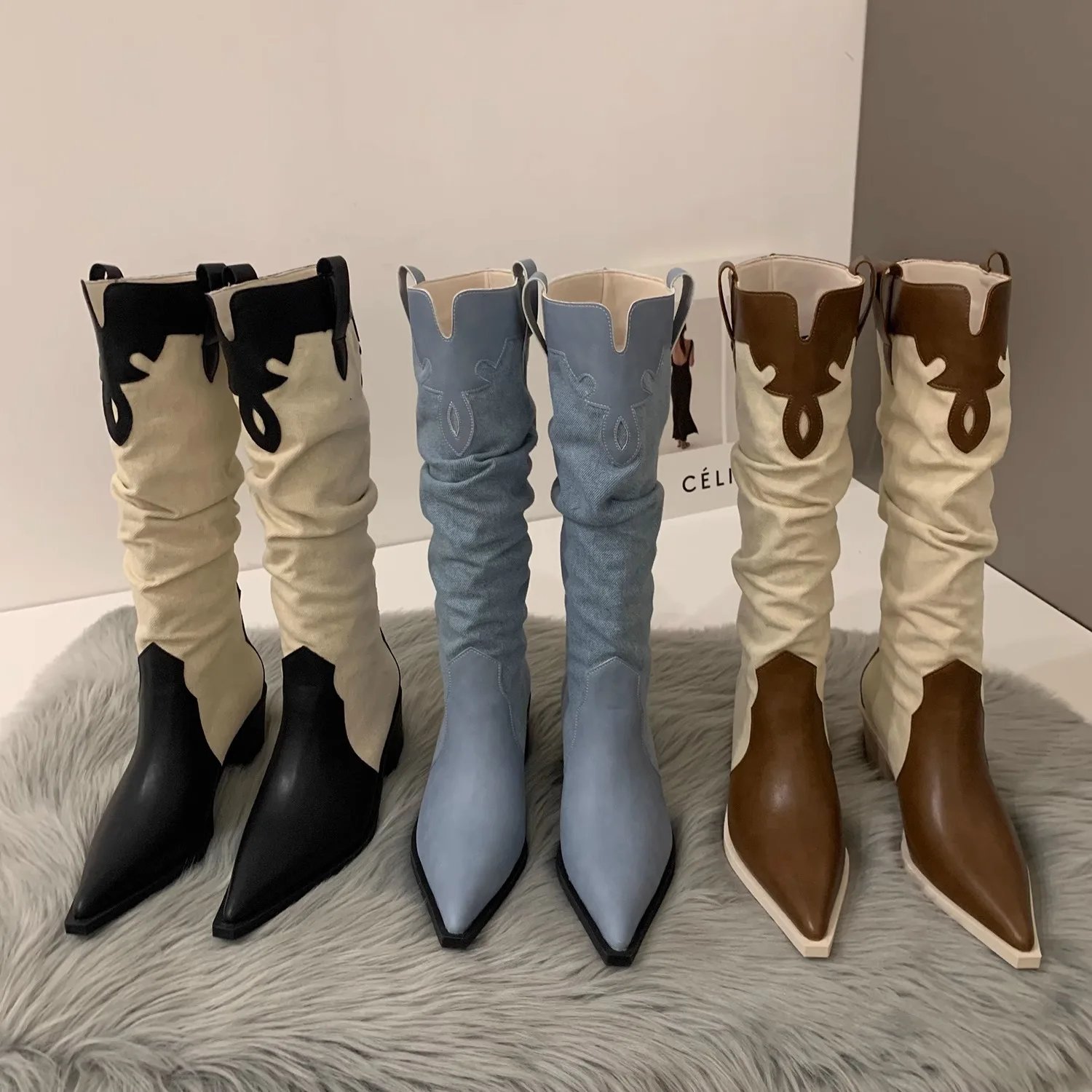 

Western Cowboy Boots Spring and Summer Long Single Boots Women's French High-Heeled Boots Martin Boots Knight Pile Boots