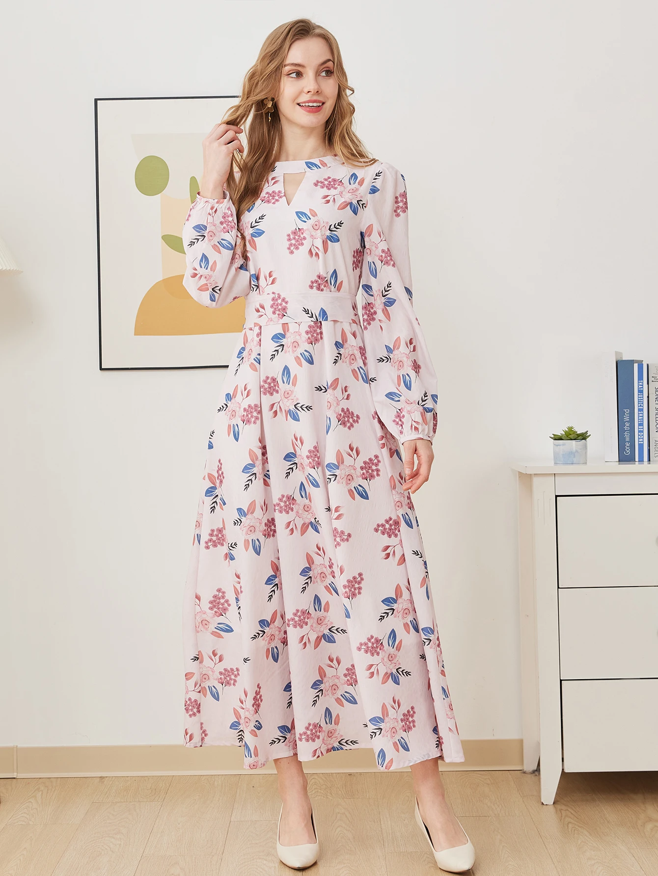 DEVCHATA Summer Women Elegant Floral Chiffon Dress Ladies Long Sleeve Maxi Dress Casual Party Beach French V-neck Dresses