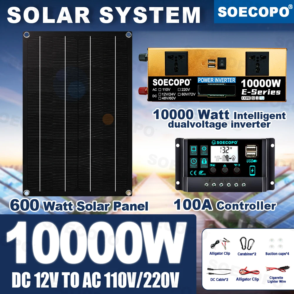 SOECOPO 10000 W Solarsystem Komplettset 12 V 24 V auf 110 V 220 V Wechselrichter 600 W Panel mit 100 A Controller netzunabhängig für Heimcamping