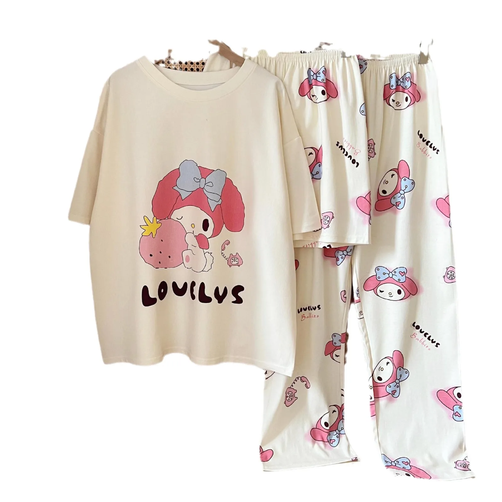 Kawaii Sanrios My Melody женский пижамный комплект аниме мультфильм студенческая одежда для сна с короткими рукавами брюки ночная рубашка для девочек подарок 3 шт.