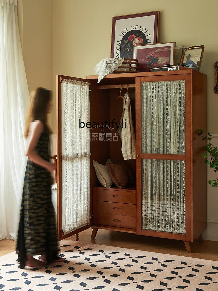 

ss K178 French retro solid wood large wardrobe glass double door bedroom wardrobe medieval combination storage cabinet