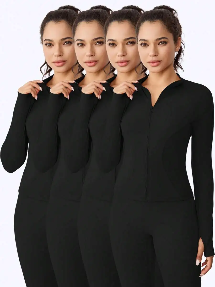 

4PCS Women's Solid Stand Collar Zipper Jacket, long sleeve with thumb hole, slim fit elastic breathable compression top for yoga