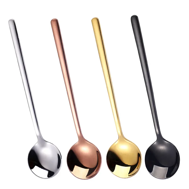 Stainless Steel Creative Stirring Tea Coffee Spoon Titanium Golden Long Handle Mug Honey Dessert Small Round Ice Cream Spoon