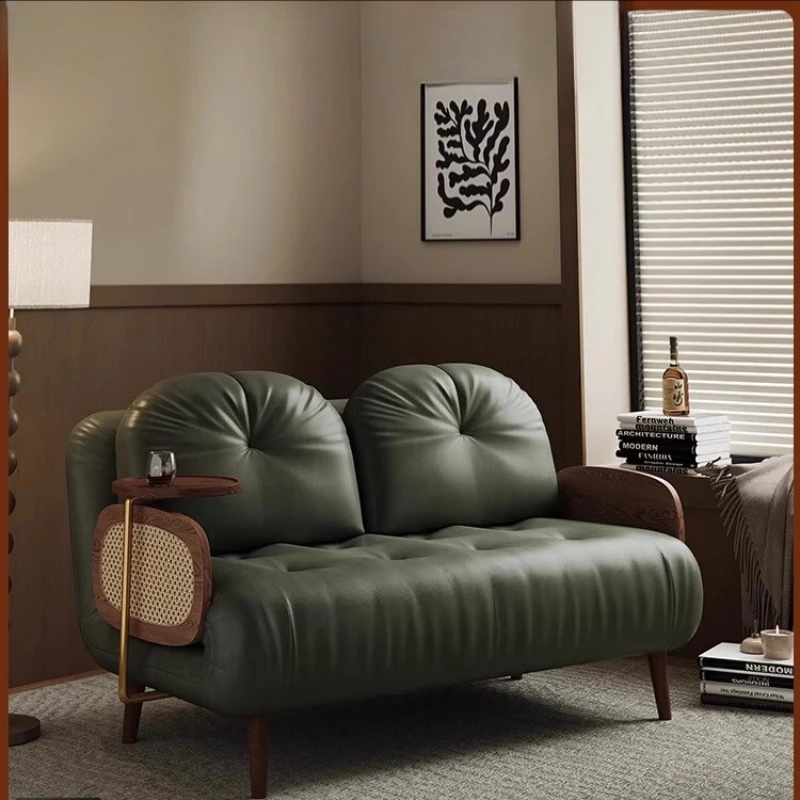 

Medieval solid wood sofa bed leather folding dual-purpose small apartment living room retro multi-functional balcony 2025 new