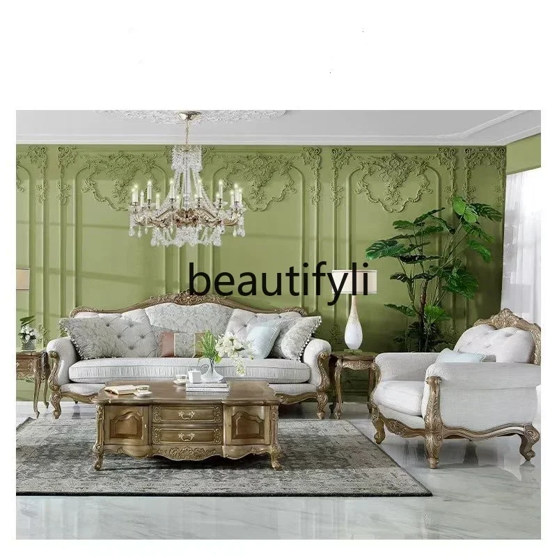 178cqy French romantic living room sofa European fabric solid wood carving flower sofa leisure chair combination home