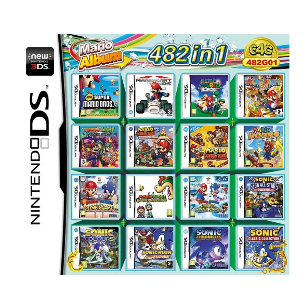 Tarjeta de cartucho de juego 482 en 1, reproductor portátil de videojuegos, DS, NDS, 3DS, 3DS, NDSL