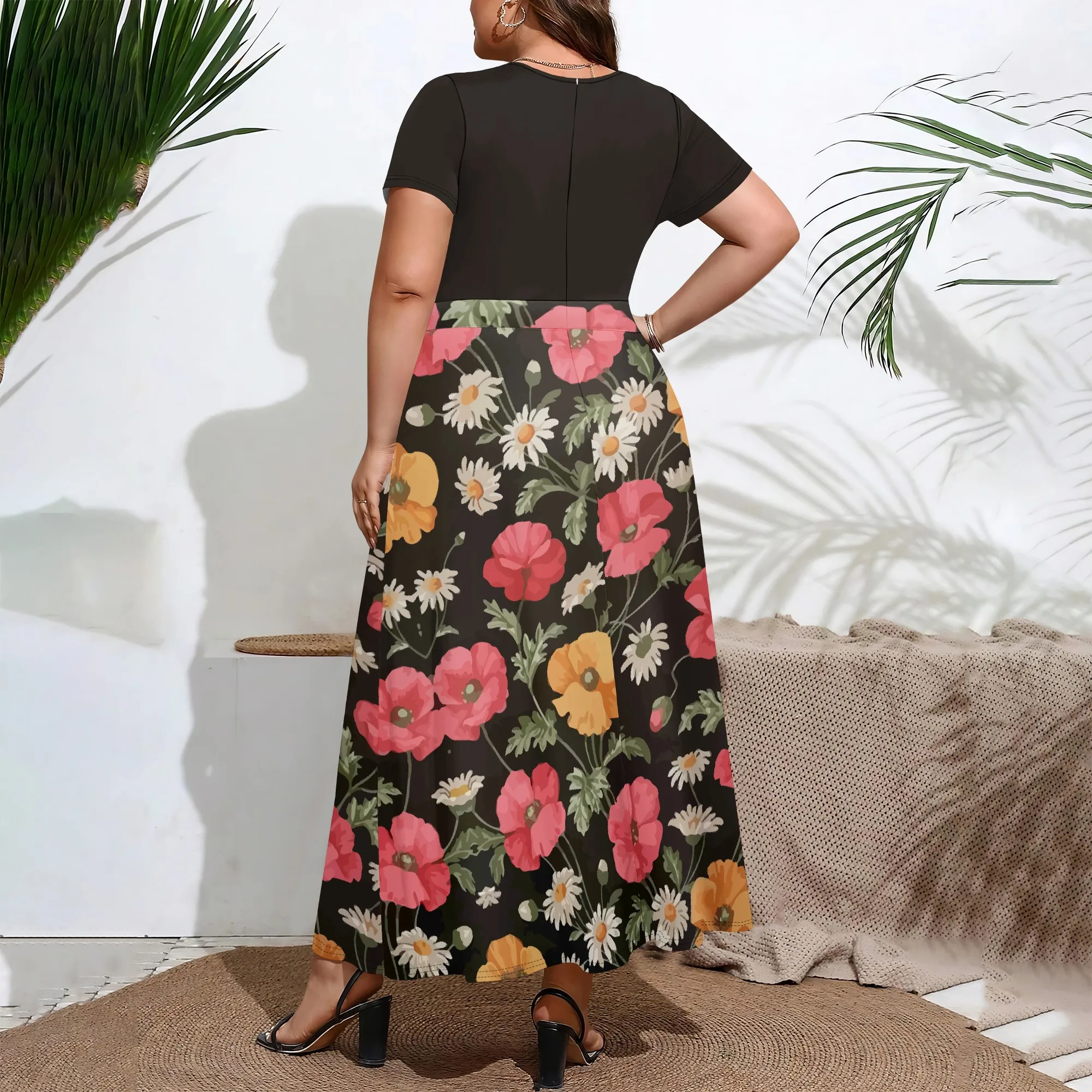 فستان EQQZD نسائي رمادي فحمي منقط مقاس كبير من البوليستر الخريفي أنيق