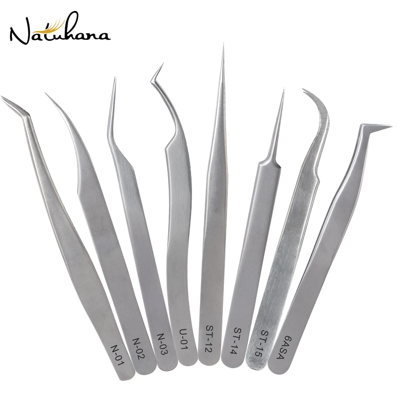 NATUHANA Volume Lash Tweezers Stainless Steel Anti-static Curved Straight Tip Eyelash Tweezers for Eyelash Extension Makeup Tool