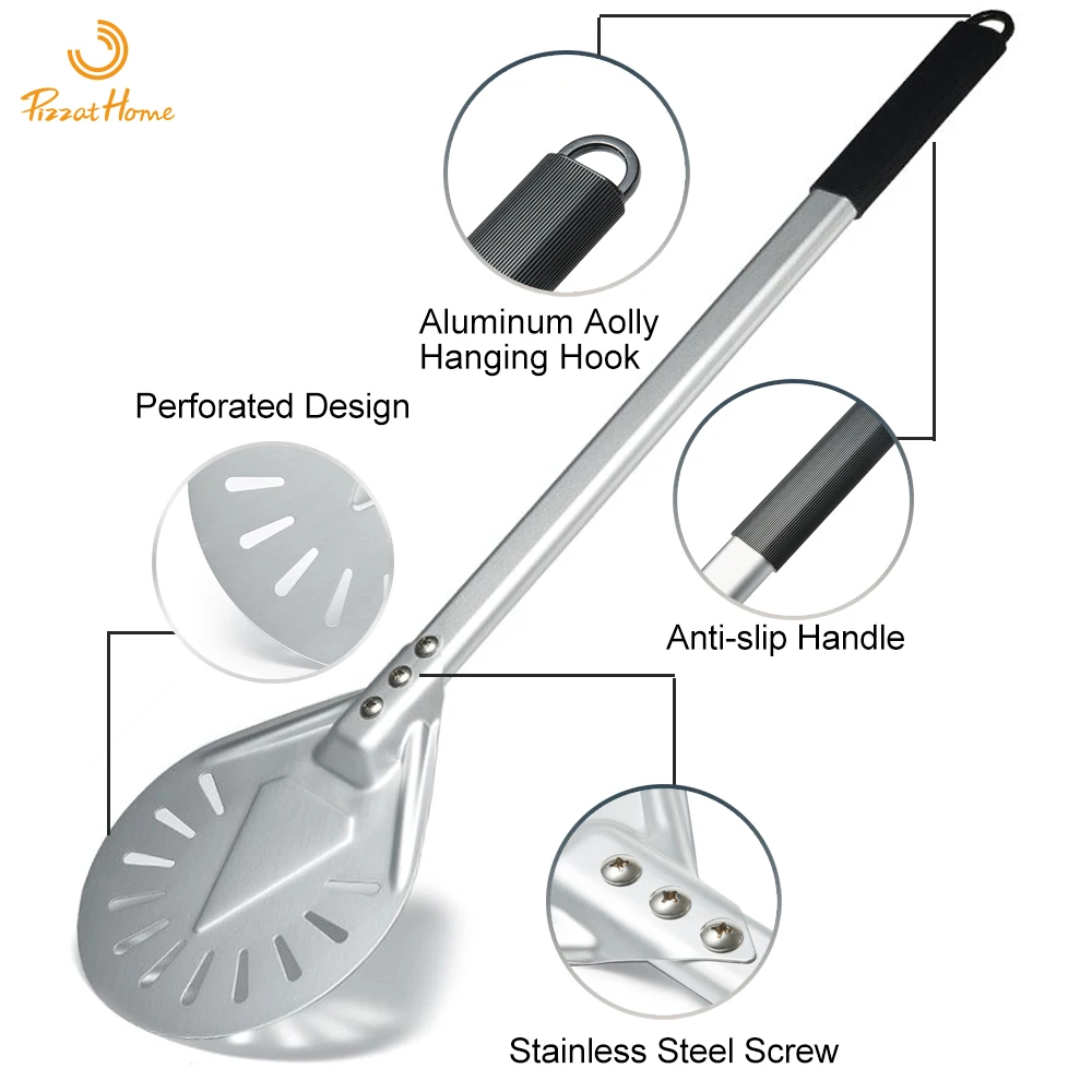 PizzAtHome Long Handle 7/ 8/ 9 Inch Perforated Pizza Turning Peel Pizza Shovel Aluminum Pizza Peel Paddle Small Pizza Tool