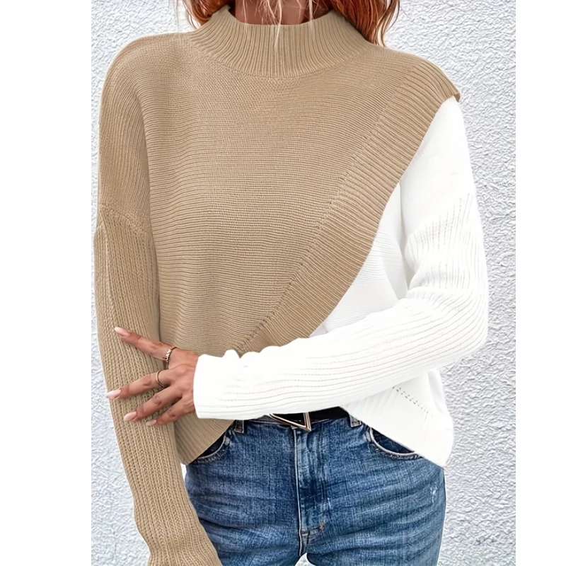 Casual Knitted Pullover Fashion Khaki White Patchwork Long Sleeve Sweater Autumn/Winter O-neck Office Sweater Pull Femme 28223