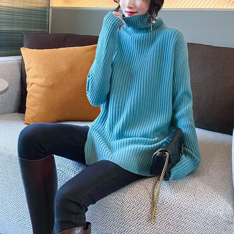 

2024 Women Spring Autumn New Turtleneck Knitted Tops Female Solid Color Sweater Tops Ladies Loose Casual Pullover Tops A410