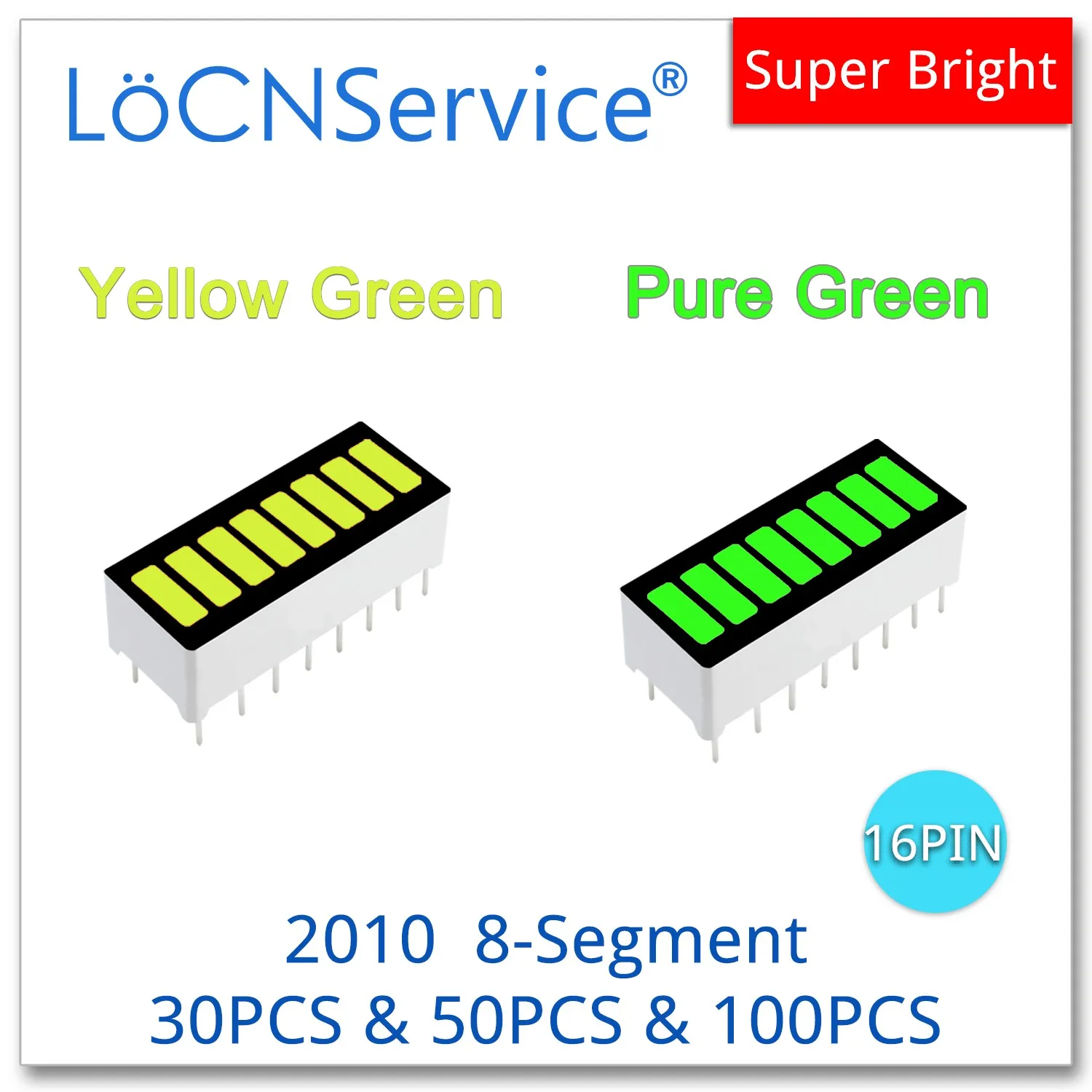 LoCNService 30 Uds 50 Uds 100 Uds amarillo verde puro 8 segmentos 2010 DIP16 ánodo Bargraph LED barra gráfica pantalla de luz digital