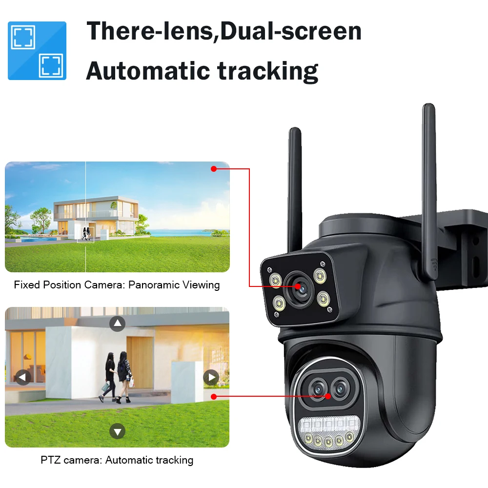 6MP WiFi Camera ICsee Outdoor 12MP 8X Zoom Three Lens Dual Screens CCTV Video Cam Auto Tracking Security Protection Surveillance