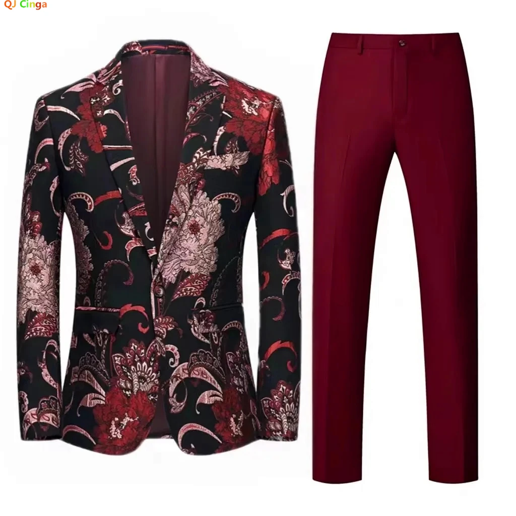 

Burgundy Jacquard Fabric Men's Slim Fit Suit Two Piece, Wedding Party Dress Jacket with Pants,White,Black,Blue Men Sets,M-6XL