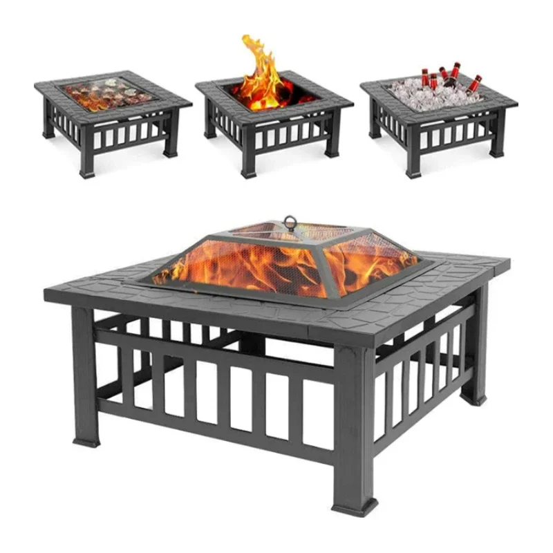 3 in 1 Square BBQ Fire Pit with Cooking mesh table cover heavy duty patio fire place outdoor garden backyard fire pit