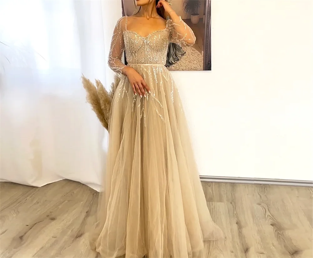 Elegant Champagne Women\'s Evening Dresses Luxury V Neck Long Sleeve Beaded Sequins Plus Size Formal Wedding Prom Party Dresses