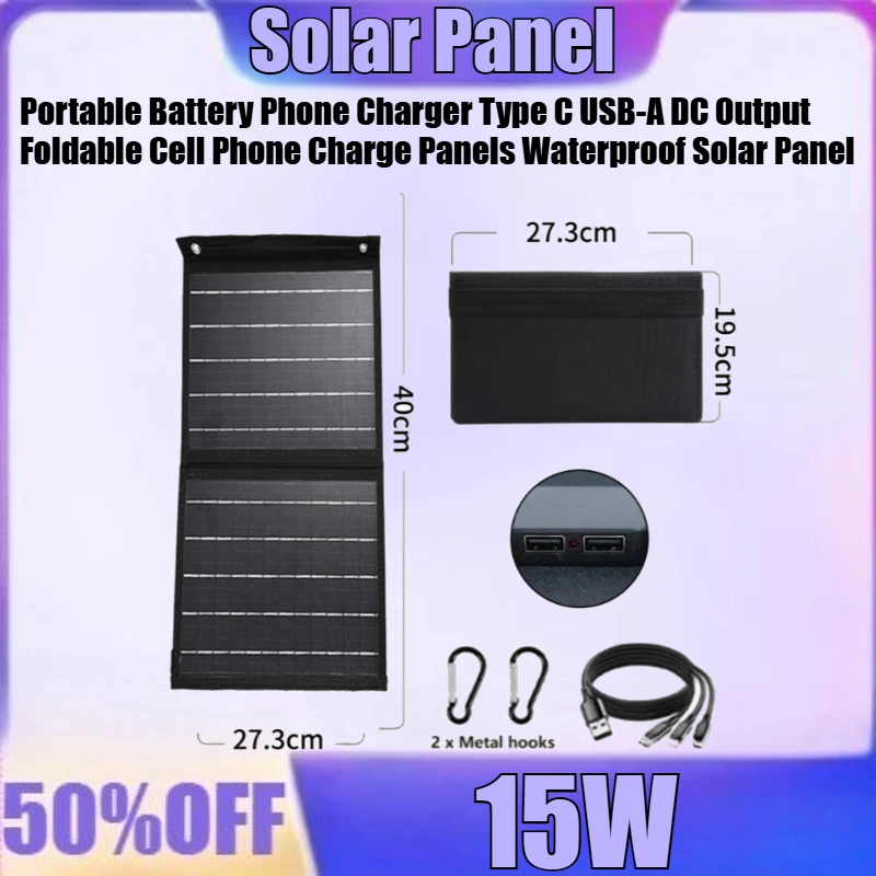 15W 5V Portable Battery Phone Charger Type C USB-A DC Output Foldable Cell Phone Charge Panels Waterproof Solar Panel