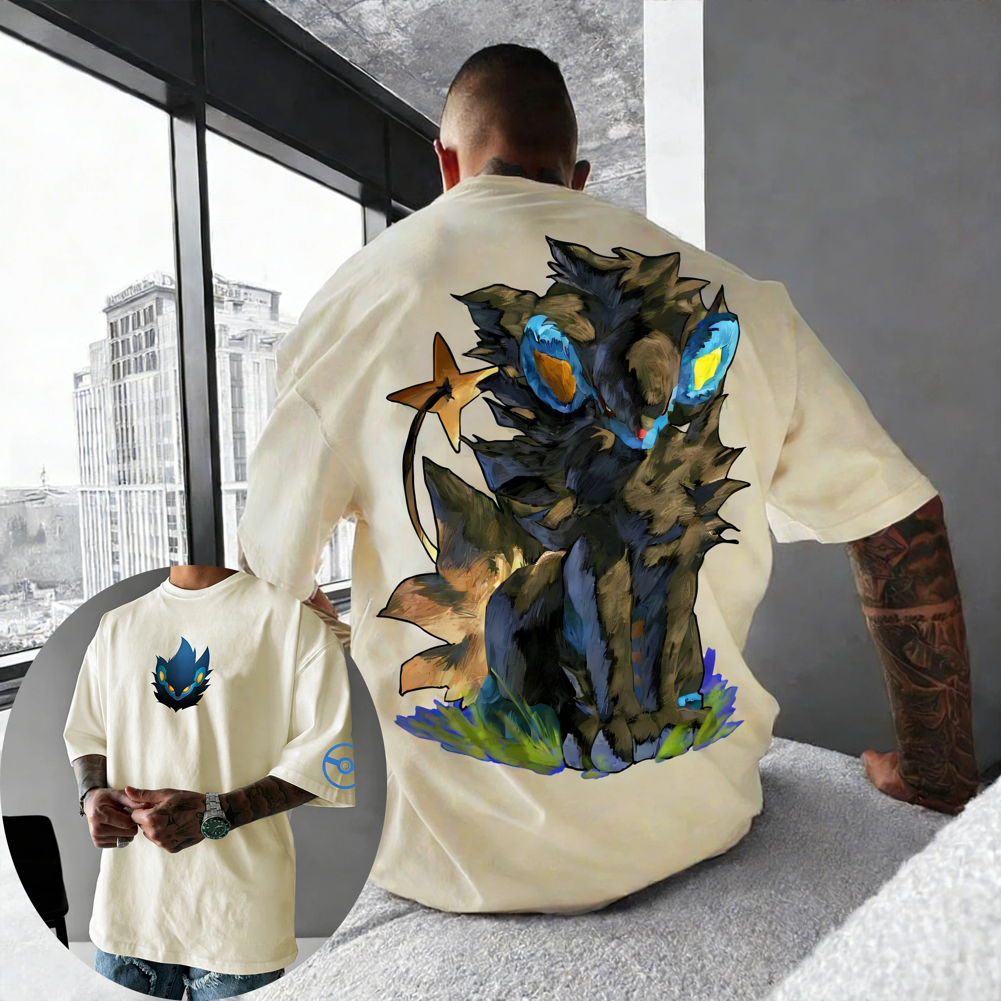 

Pokémon Anime Luxray Printed Cotton T-shirt NewMen's and Women's Summer New Harajuku Oversized Loose Casua Parent-child Top