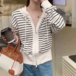 Women's Korean Striped Long Sleeve Double Zipper Pulls Hooded Sweater Cardigan