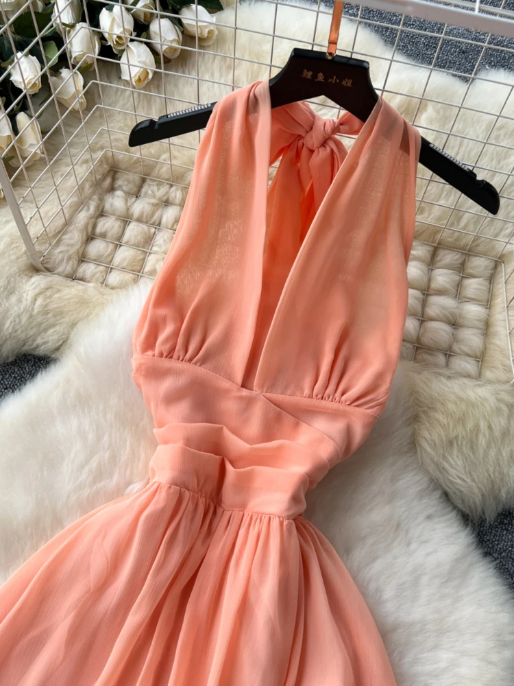 Abito lungo da spiaggia per le vacanze in Chiffon a trapezio con scollo a v profondo da donna Sexy senza maniche