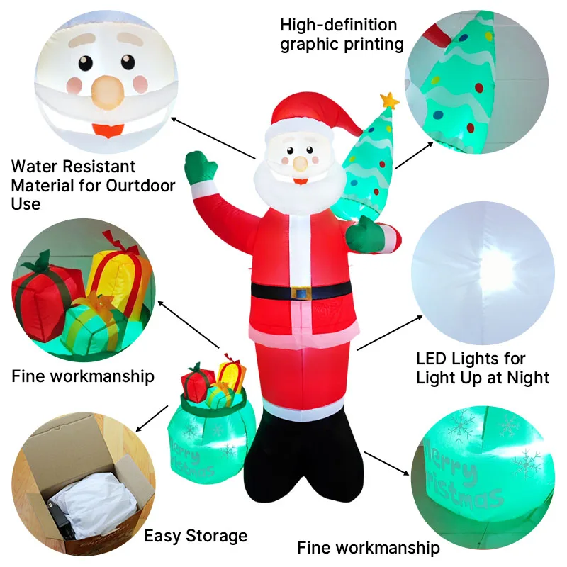 Papá Noel inflable de Navidad con sombrero de Navidad, luz LED integrada, adecuada para interiores, exteriores, césped, jardín, decoración de fiesta