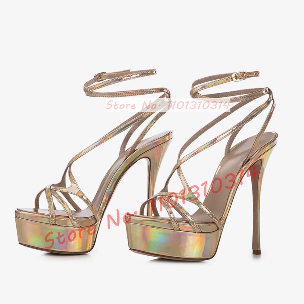 Iridescent Thin Straps Platform Sandals Women Crystals Decor 2024 Summer Luxury Stiletto High Heels Shiny Cross Strap Satin Shoe