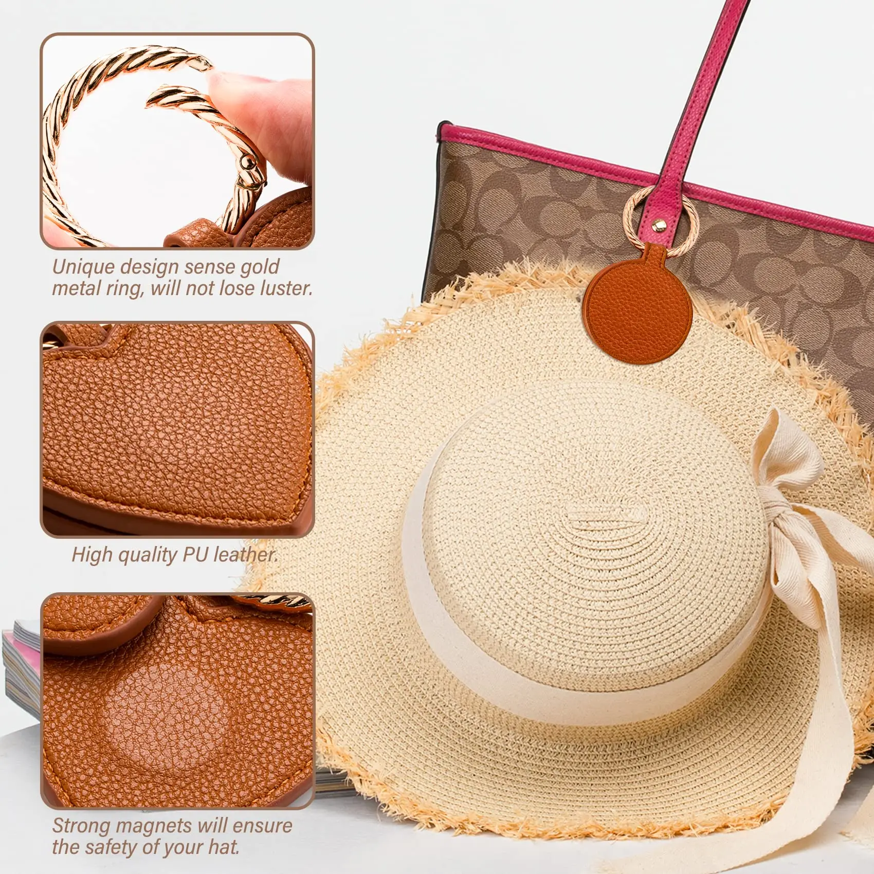 Magnetic Hat Clip for Handbag and Backpack Holder Totes Luggage Hands Free PU Leather Clip Sun Hats Outdoor Travel Accessories