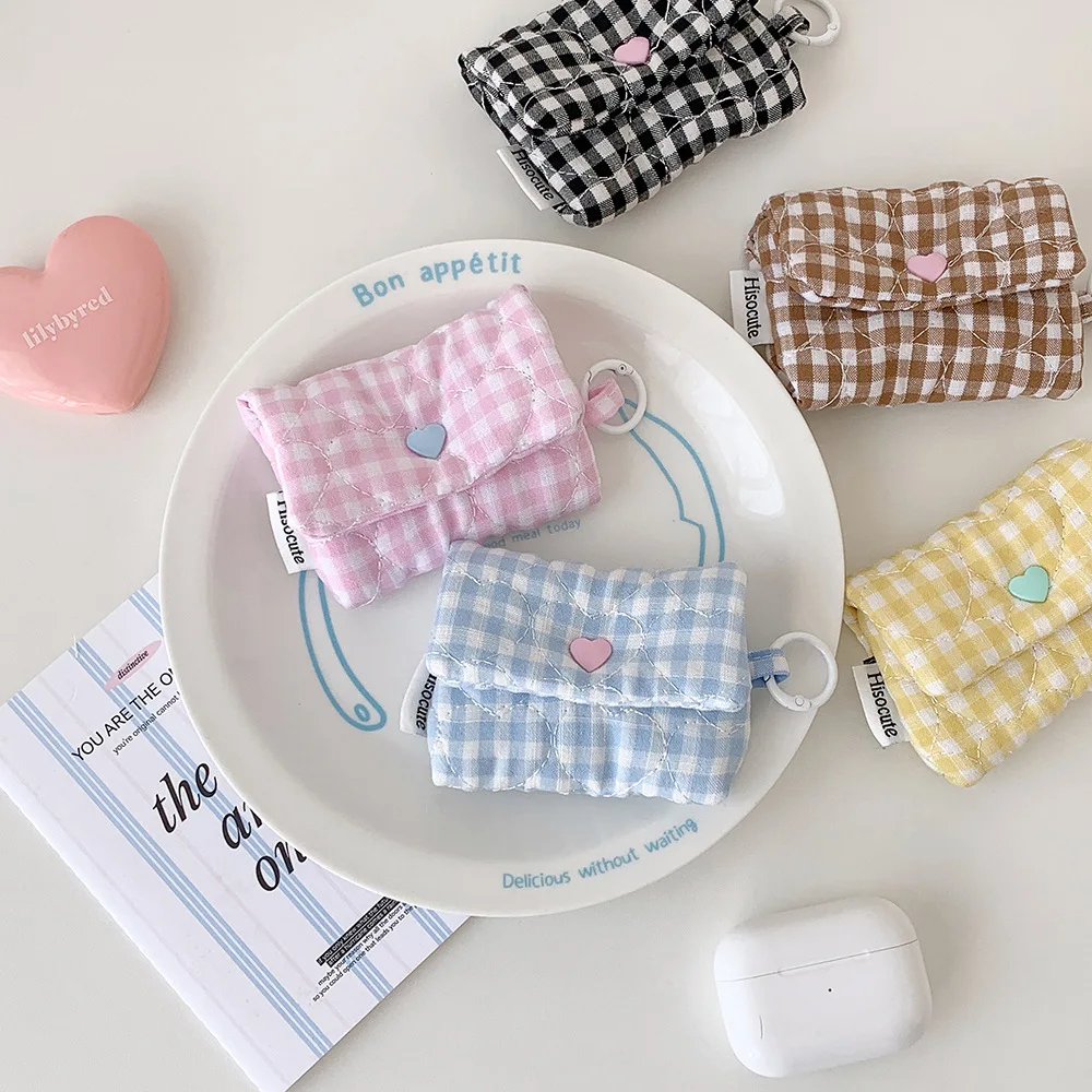 INS Korean Fashion Grid Love Quilted Zero Wallet Cute Girl Mini Portable Earphone Bag ID Card Bag Travel Storage Bag Gifts