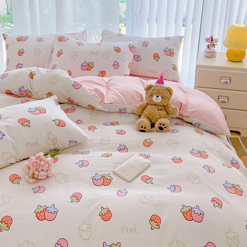 Pink Strawberry Duvet Cover Set 4pcs Bedding Set Summer Fruit Quilt Cover Polyester Comforter Cover 1 Flat Sheet 2 Pillow Shams