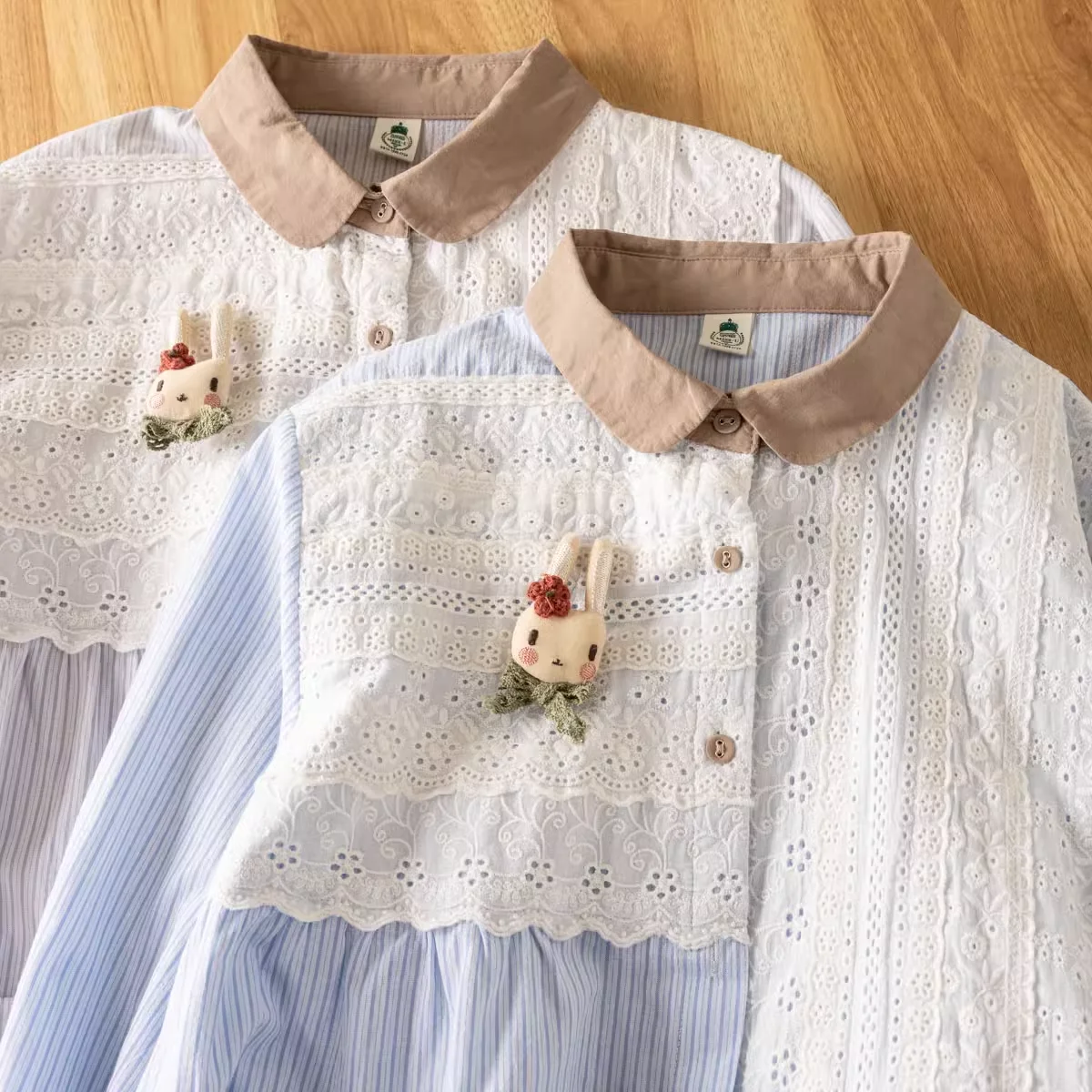 

2025 Office wear woman spring Japan style lace patchwork striped shirts blouses original design cotton crochet patch shirt