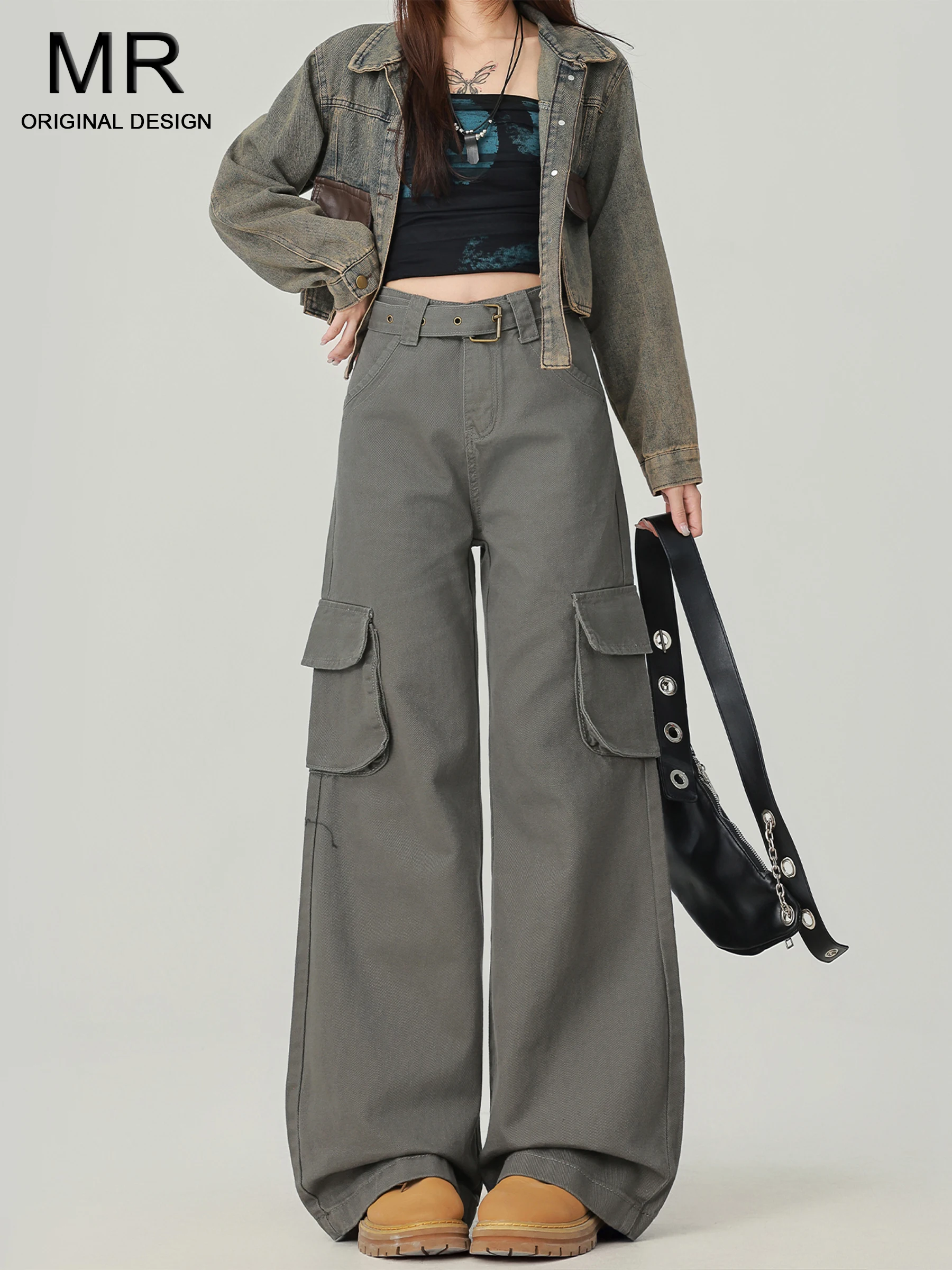 

Джинсы с высокой талией и широкими штанинами, женские, повседневный стиль, на пуговицах, свободный крой, с множеством карманов, длинные, струящиеся брюки, осенняя новинка