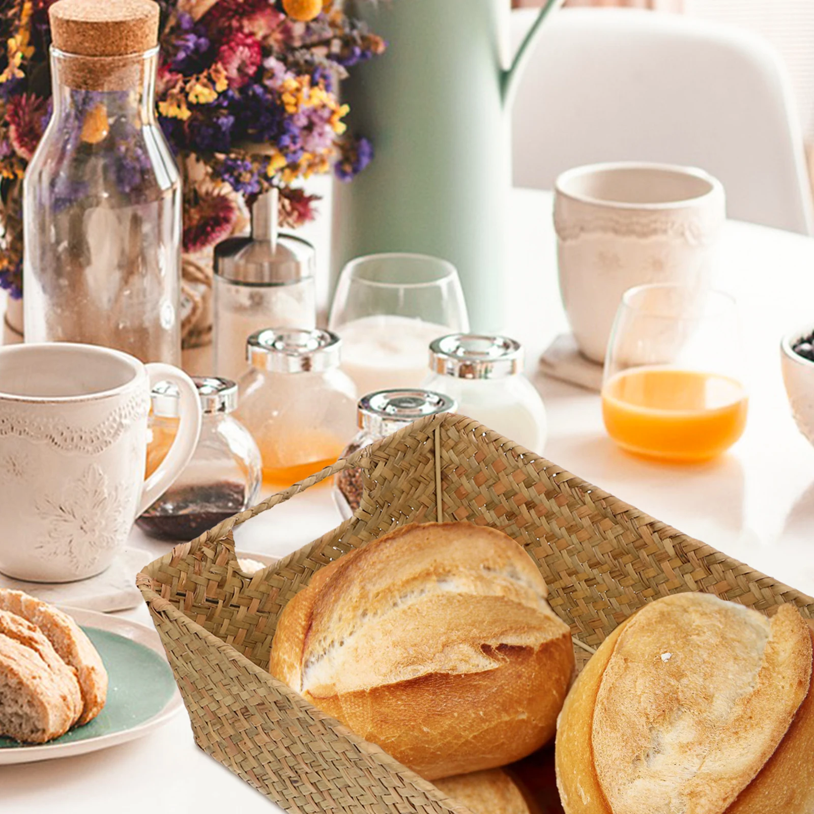 

Bread Basket Woven Mat Grass Storage Organizer Kitchen Vegetable Fruit Snacks Container Desktop Sundries Holder Woven