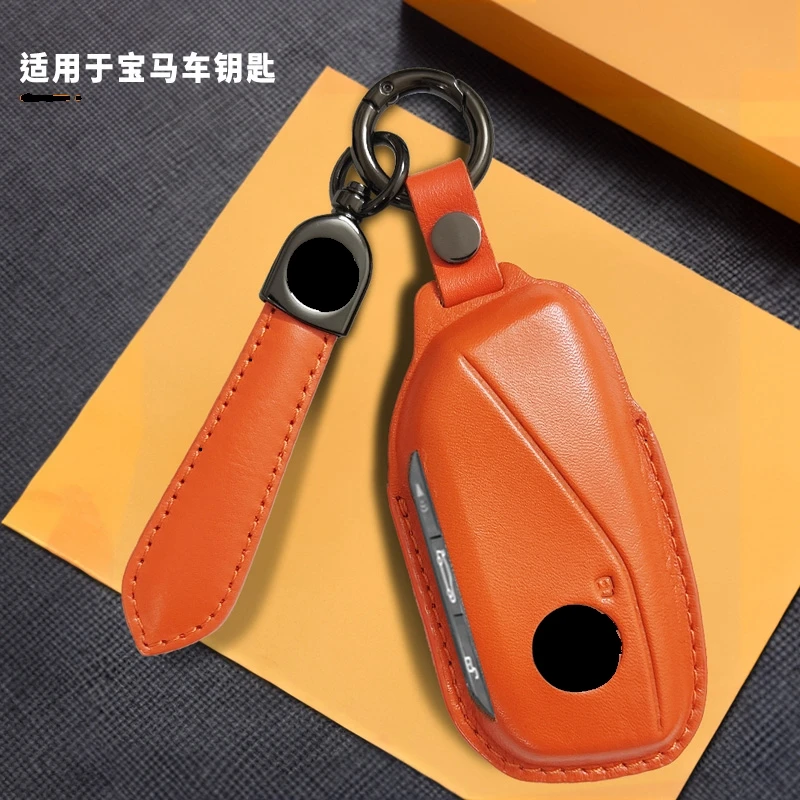 Car Genuine Leather Key Case Cover Chain Bag For 2023 BMW Energy Ix XM I7 X7 7 Series Smart Remote Key Protective