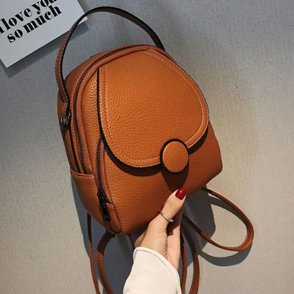 Elegant Women Solid Color Zipper Mini Backpack Soft Faux Leather Handbag Satchel Bag