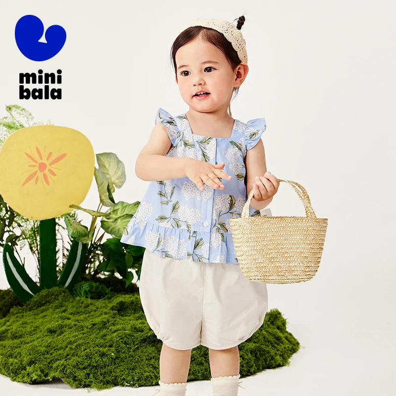 

Mini Bala Top and Shorts Set Girls Soft Breathable Cotton Sweet Spaghetti Strap Blouse with Bloomer Baby Outfit