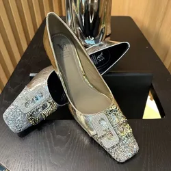 Women Pumps Spring Autumn French Style Ballets Woman Simple High Heels Women Retro Flat Heel Square Toe Simple Shoes Women